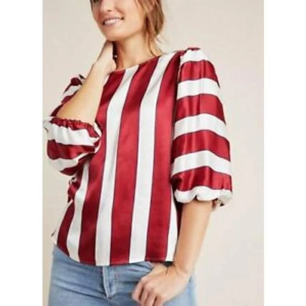 Anthropologie Red and White Striped Puff Sleeve Blouse